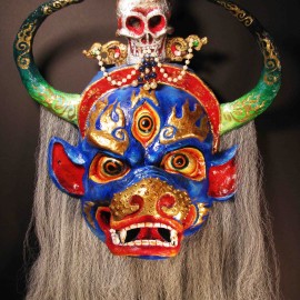 Yama (one skull), acrylic on paper maché, hand beaded ornaments, horsehair, 14"x16"x9"