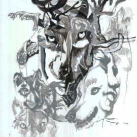 Nomadic Ancestor (2012), acrylic and indian ink on vellum, 34"x40"
