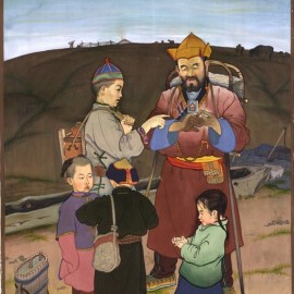 Mongolian Traditional Games (1985), gouache on canvas, 17"x24"