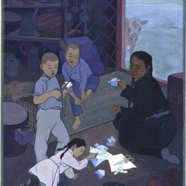 Mongolian Traditional Games (1985), gouache on canvas, 17"x24"