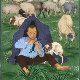Mongolian Traditional Games (1985), gouache on canvas, 17"x24"