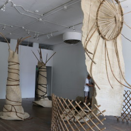 Mongolian Yurt Installation (2015), ancient Turkic Mongolian yurt dissembled: set of felts, set of huns (roof rafters), yurt wall, goat hair braided ropes