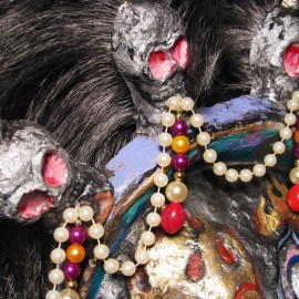 Mahakala (silver) - detail, acrylic on paper maché, hand beaded ornaments, horsehair, 14"x16"x4"
