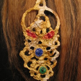 Dagiraza - detail, acrylic on paper maché, hand beaded ornaments, horsehair, 14"x16"x4"