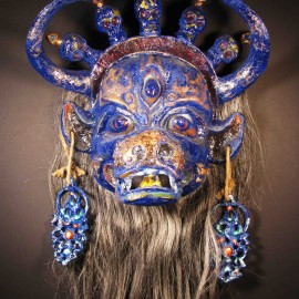 Yama (mute), acrylic on paper maché, horsehair, 14"x16"x9"