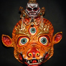 Dagdom, acrylic on paper maché, hand beaded ornaments, 31"x35"x12"