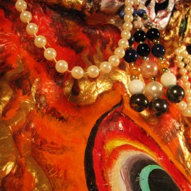 Dagdom - detail, acrylic on paper maché, hand beaded ornaments, horsehair, 31"x35"x12"