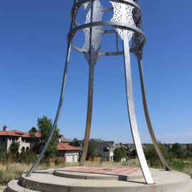 Tulga Public Sculpture - detail (2009) (Ulaanbaatar Park, Denver, CO), stainless steel with cement engraved base, 20 ft x 7'6"