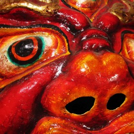 Begze - detail, acrylic on paper maché, hand beaded ornaments, horsehair, khadag (various colored silk) 35"x39"x9"