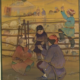 Mongolian Traditional Games (1985), gouache on canvas, 17"x24"
