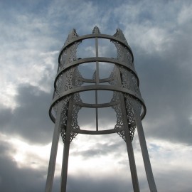 Tulga Public Sculpture - detail (2009) (Ulaanbaatar Park, Denver, CO), stainless steel with cement engraved base, 20 ft x 7'6"