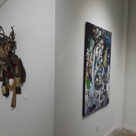 Lord of Divinity - detail (2010), tree bark, tree root, fabric installation, sheep skull, fabric transfer, 34”x55”x17”